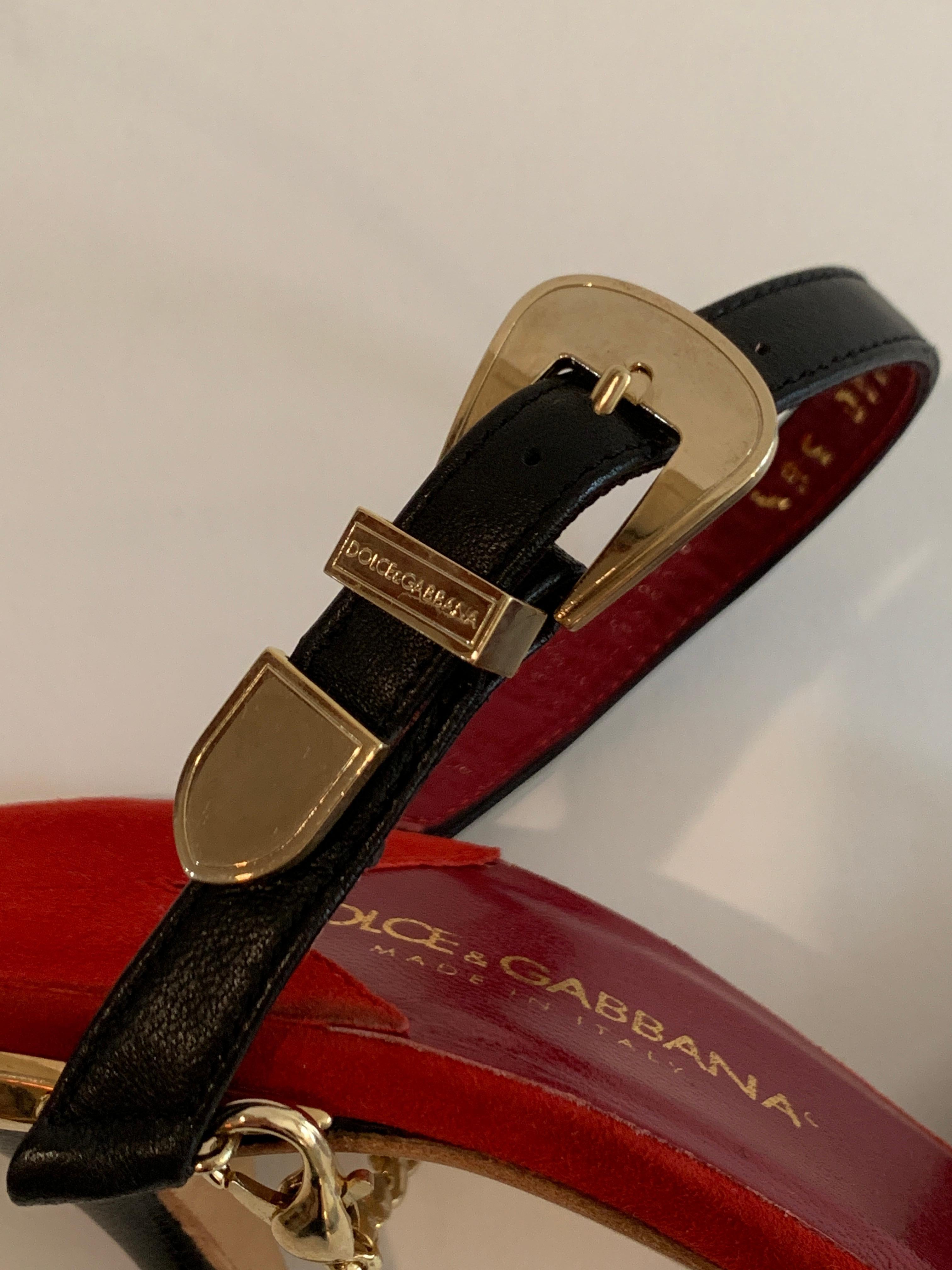 Dolce & Gabbana Black and Gold Rhinestone Spur Slide Heel with Red Suede Insole In Good Condition In San Francisco, CA