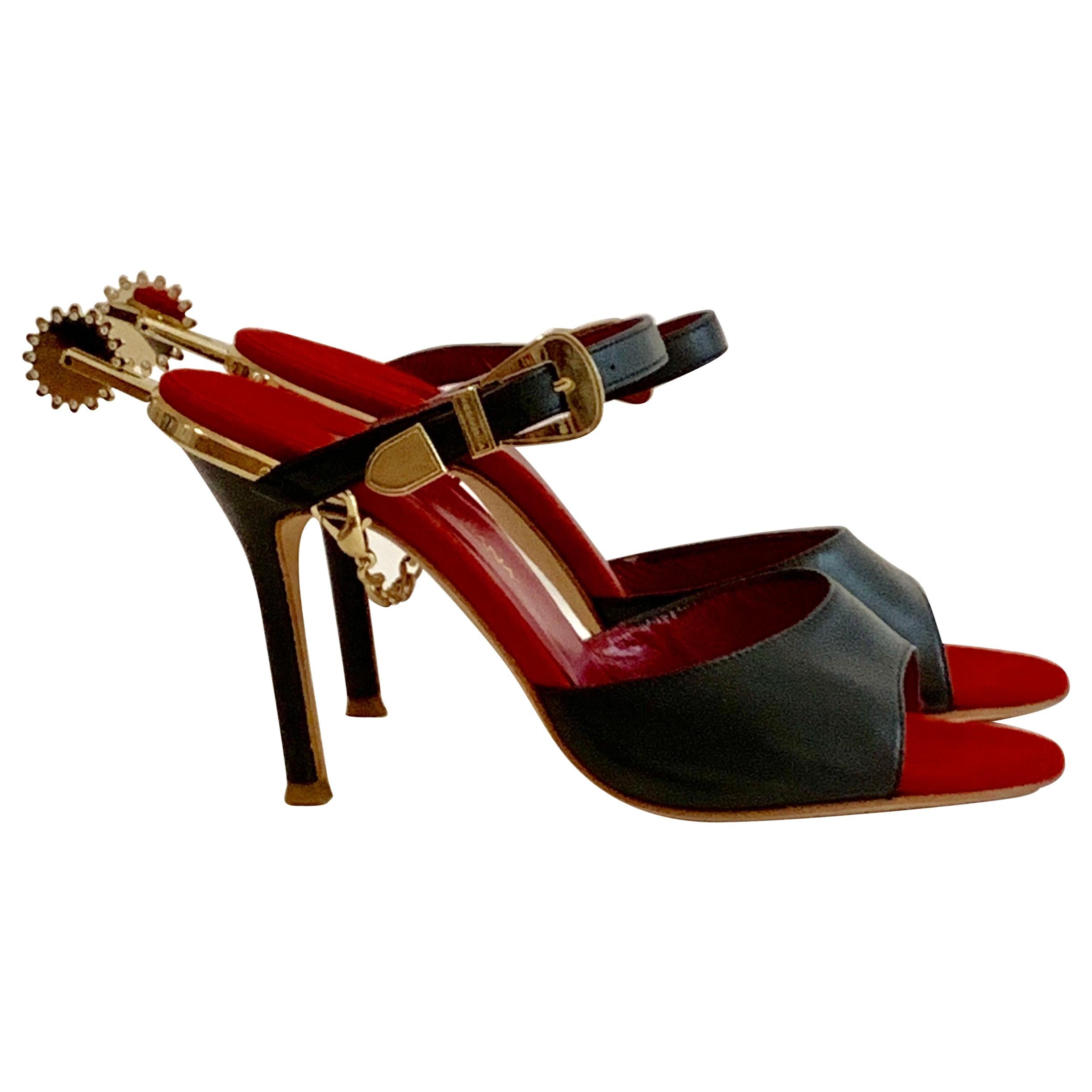 Dolce and Black and Gold Rhinestone Spur Slide Heel with Red Suede Insole at 1stDibs | high heels with spurs, dolce and gabbana heels, and gabbana heels
