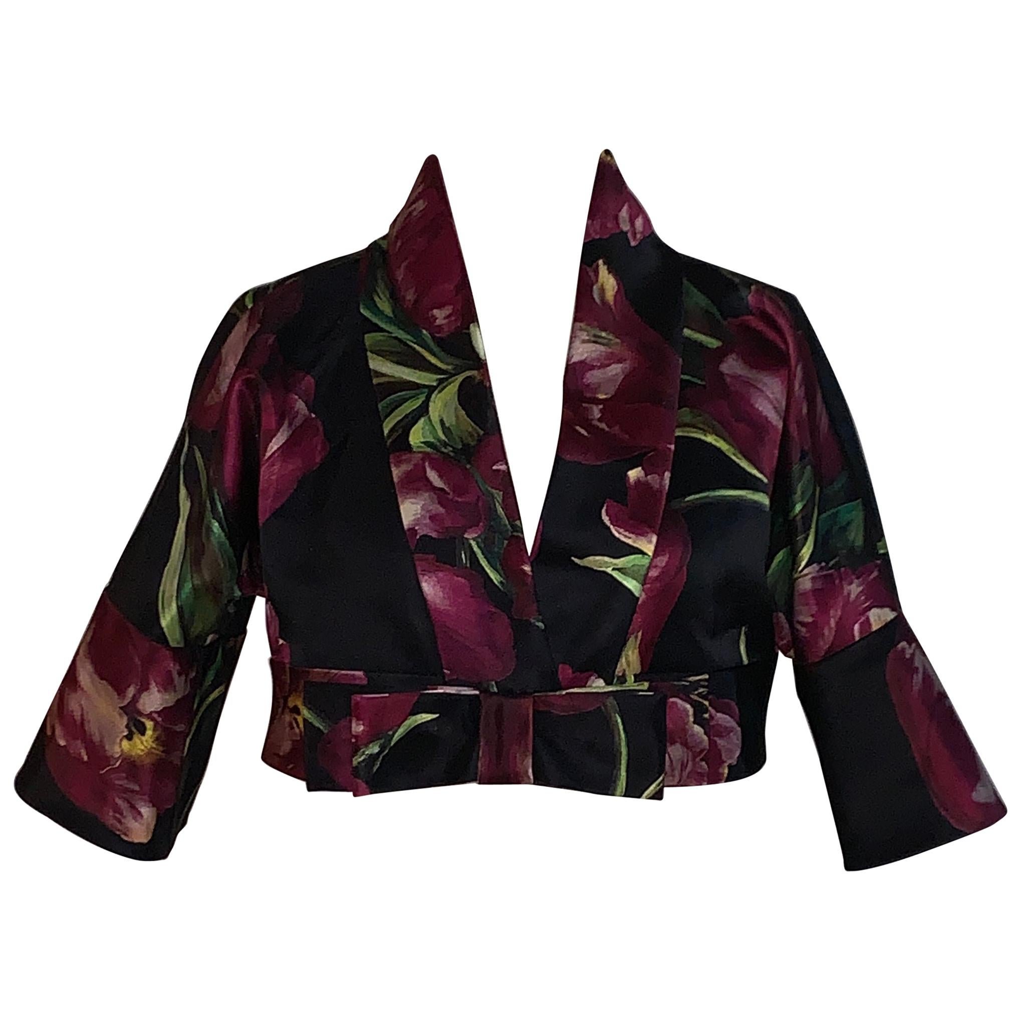 Dolce & Gabbana Black and Purple Silk Floral Tulip Print Cropped Jacket Bolero For Sale