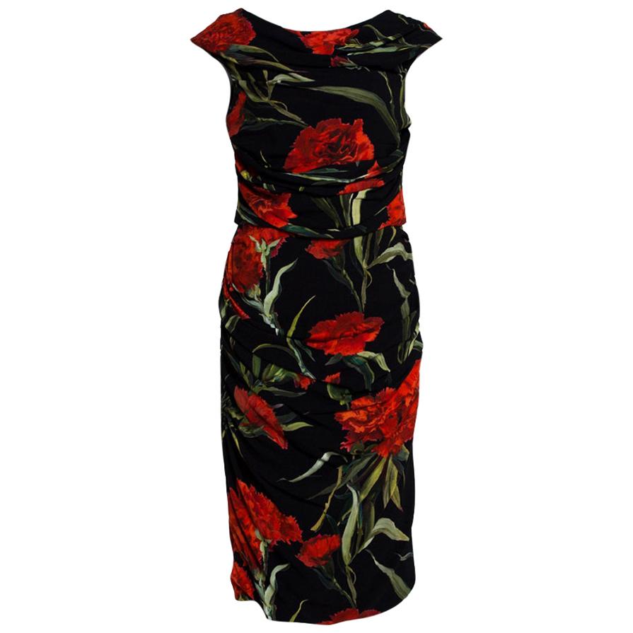 Dolce & Gabbana Black And Red Floral Printed Draped Midi Dress M