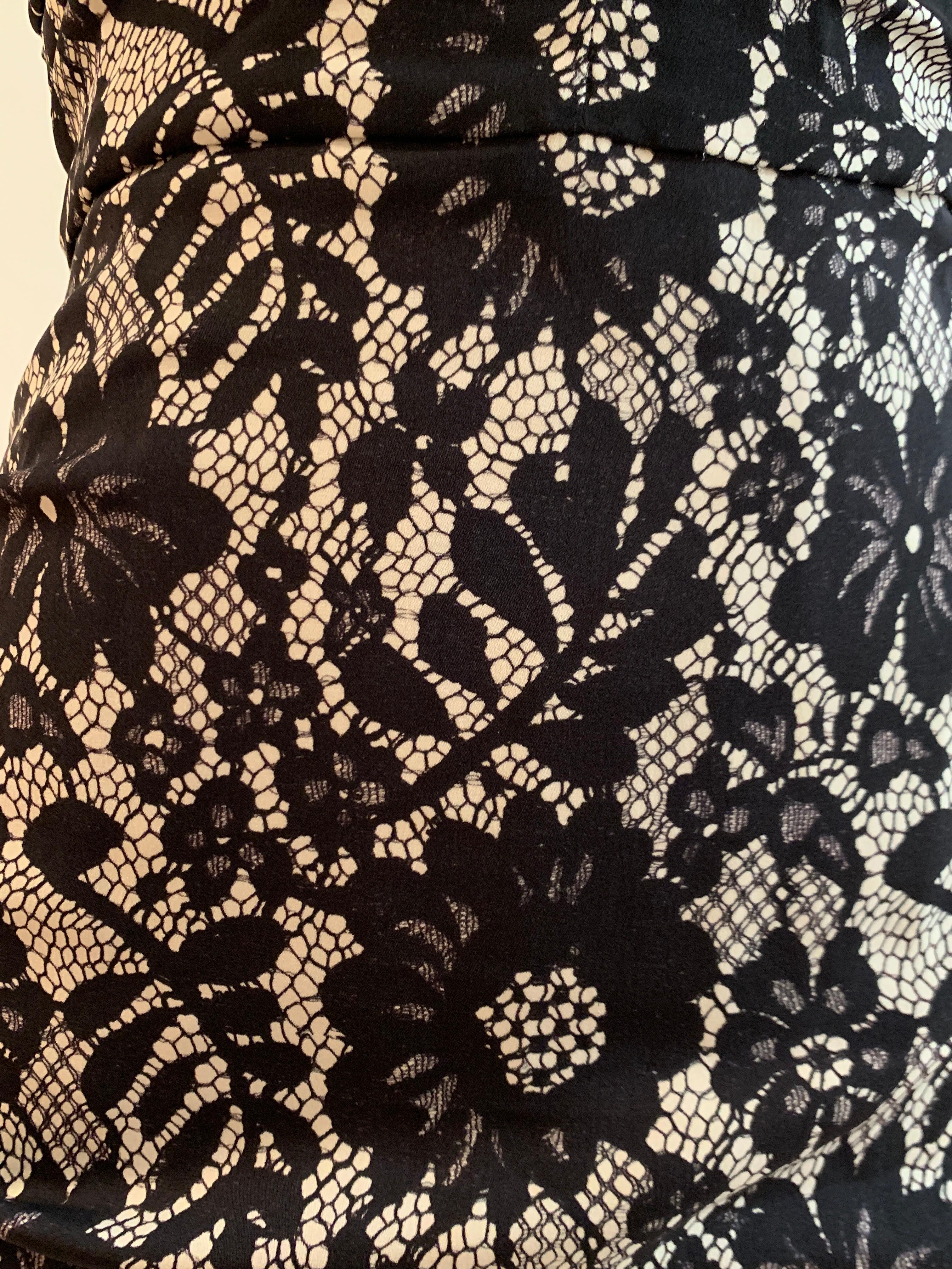 Dolce & Gabbana Black and White Silk Lace Print Midi Wiggle Dress Cross Back In Excellent Condition In San Francisco, CA
