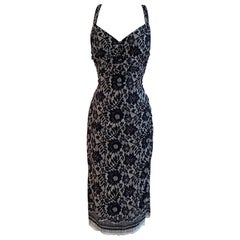 Dolce & Gabbana Black and White Silk Lace Print Midi Wiggle Dress Cross Back