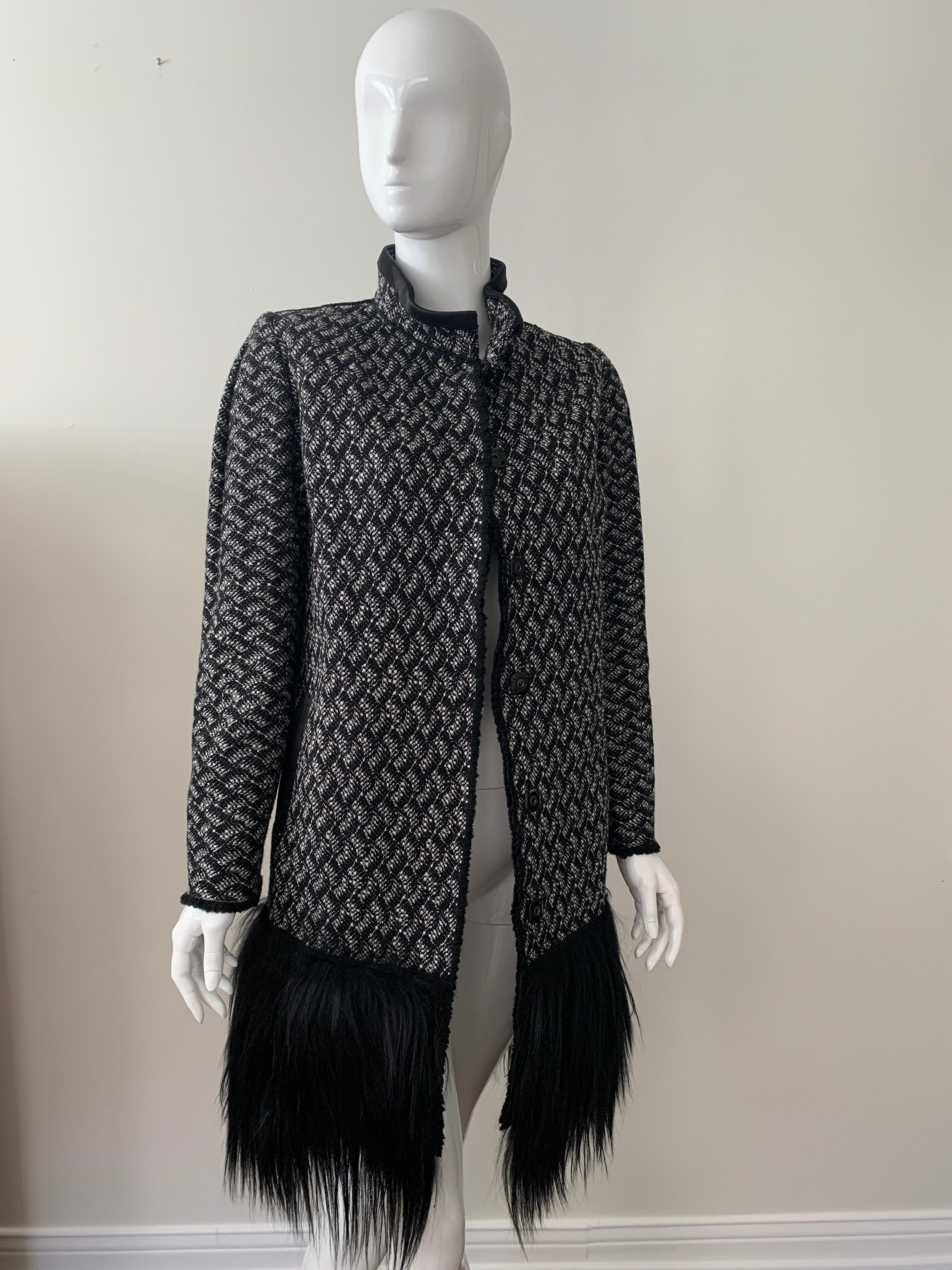 Dolce & Gabbana Black and White Wool Coat with Fringe Fur  1