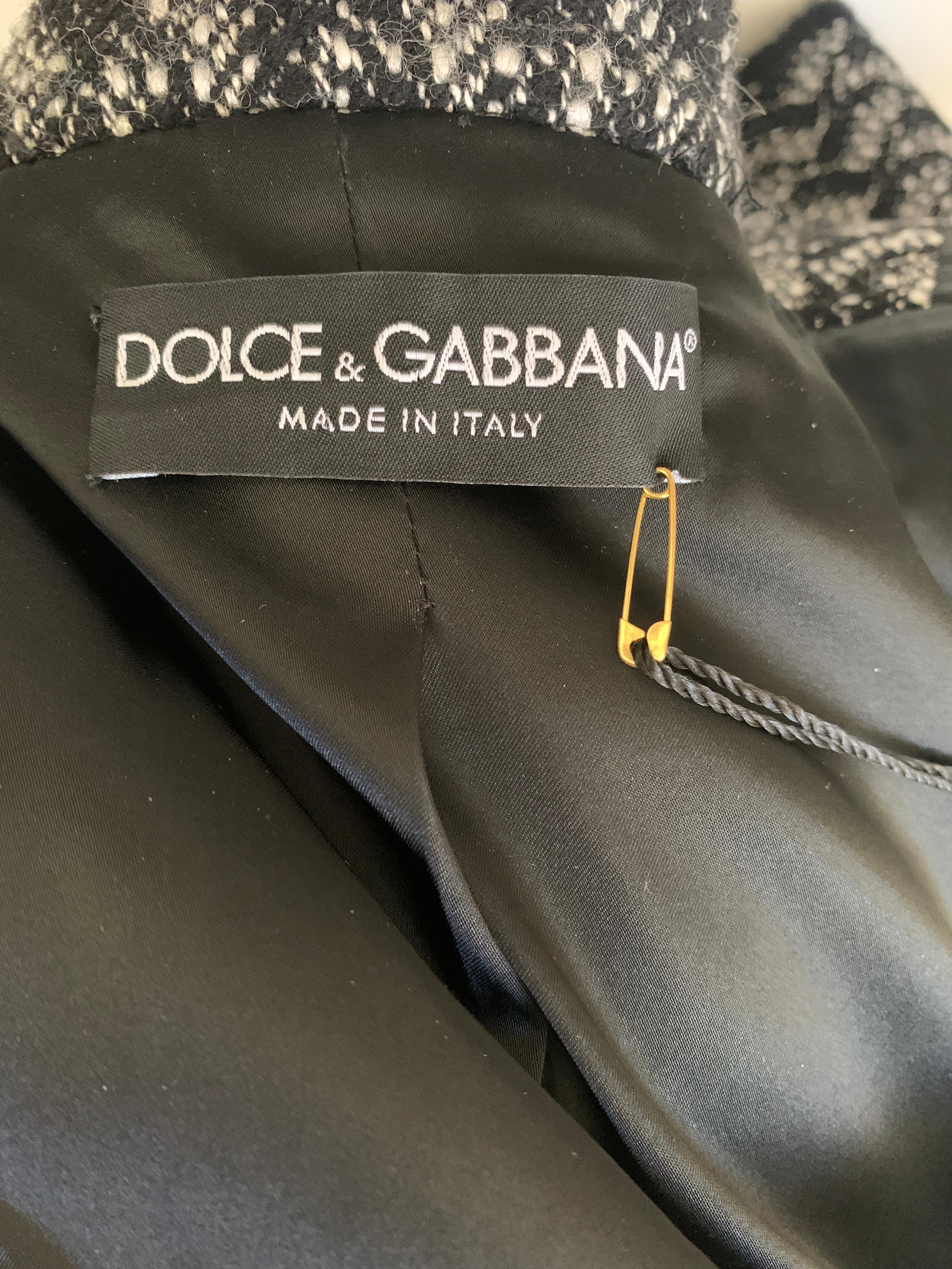 Dolce & Gabbana Black and White Wool Coat with Fringe Fur  4