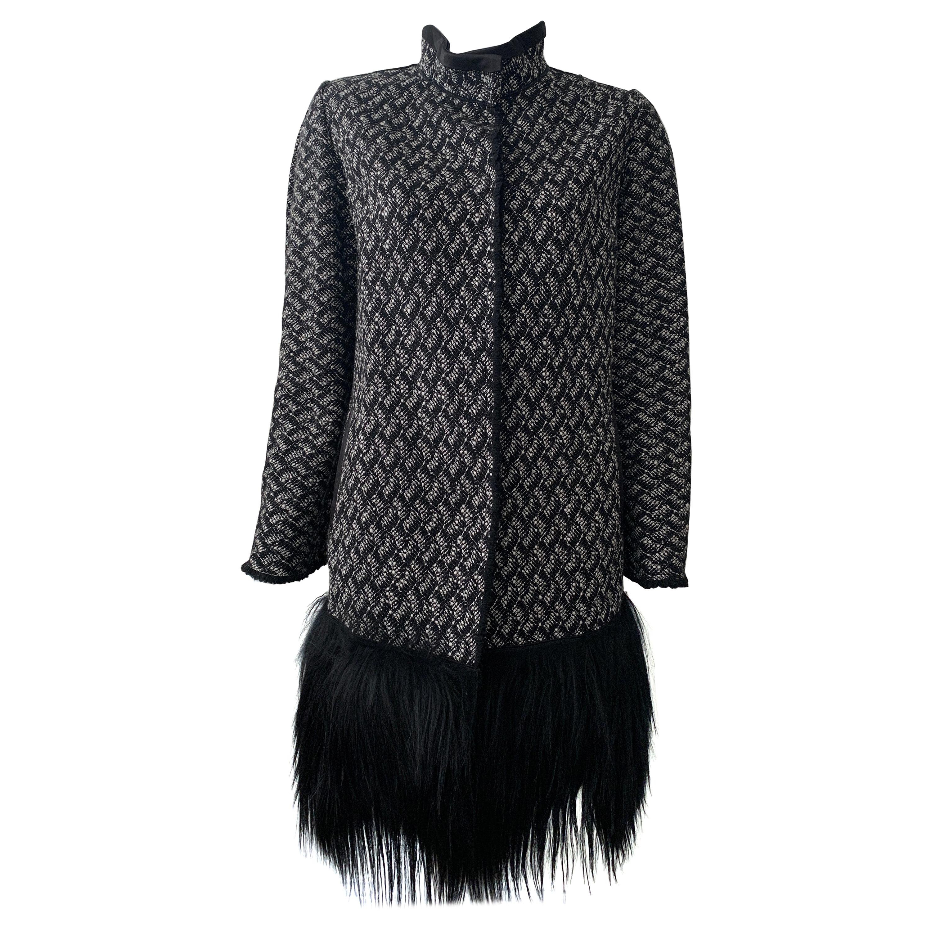 Dolce & Gabbana Black and White Wool Coat with Fringe Fur 
