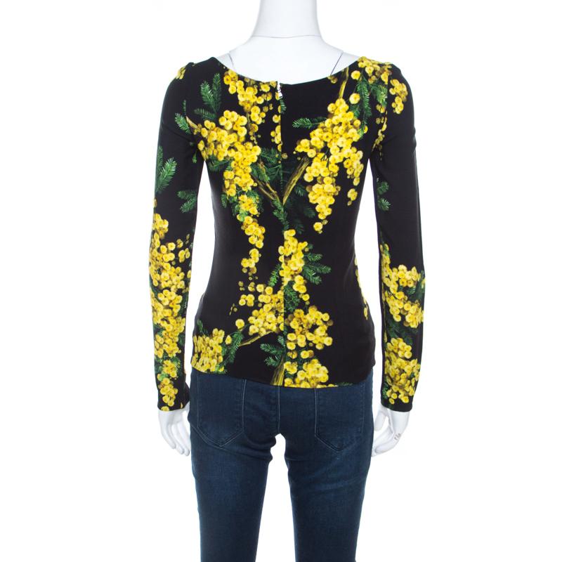 Dolce & Gabbana Black and Yellow Floral Acacia Print Long Sleeve Top S In Excellent Condition In Dubai, Al Qouz 2