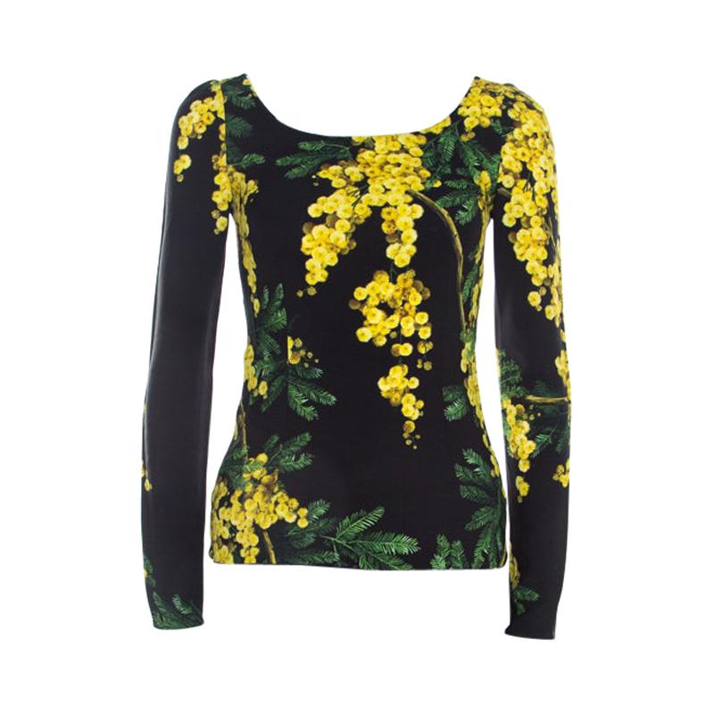 Dolce & Gabbana Black and Yellow Floral Acacia Print Long Sleeve Top S