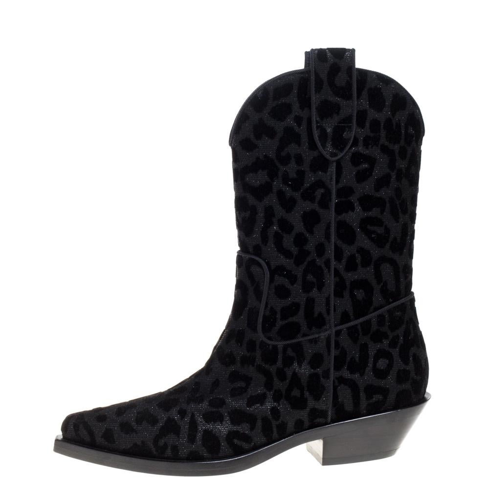 Women's Dolce & Gabbana Black Animal Print Lurex and Velvet Cowboy Boots Size 36
