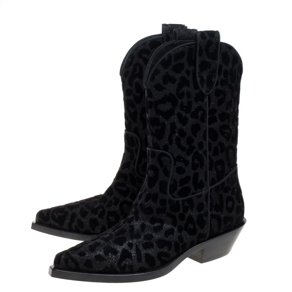 Dolce & Gabbana Black Animal Print Lurex and Velvet Cowboy Boots Size 36 3