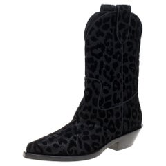 Dolce & Gabbana Black Animal Print Lurex and Velvet Cowboy Boots Size 37