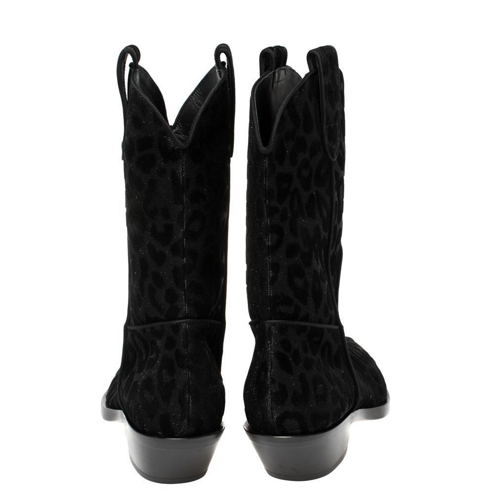 Dolce & Gabbana Black Animal Print Lurex and Velvet Cowboy Boots Size 38 In New Condition In Dubai, Al Qouz 2