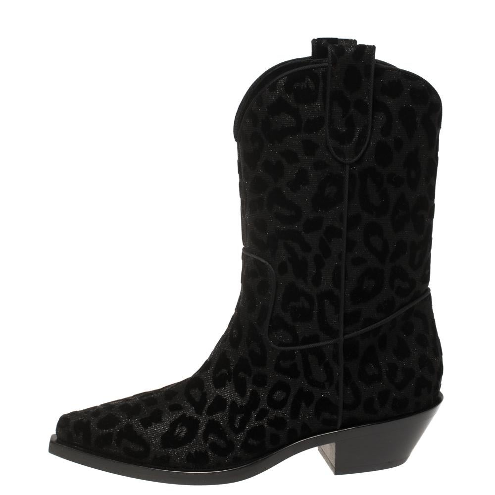 Dolce & Gabbana Black Animal Print Lurex and Velvet Cowboy Boots Size 38.5 In New Condition In Dubai, Al Qouz 2