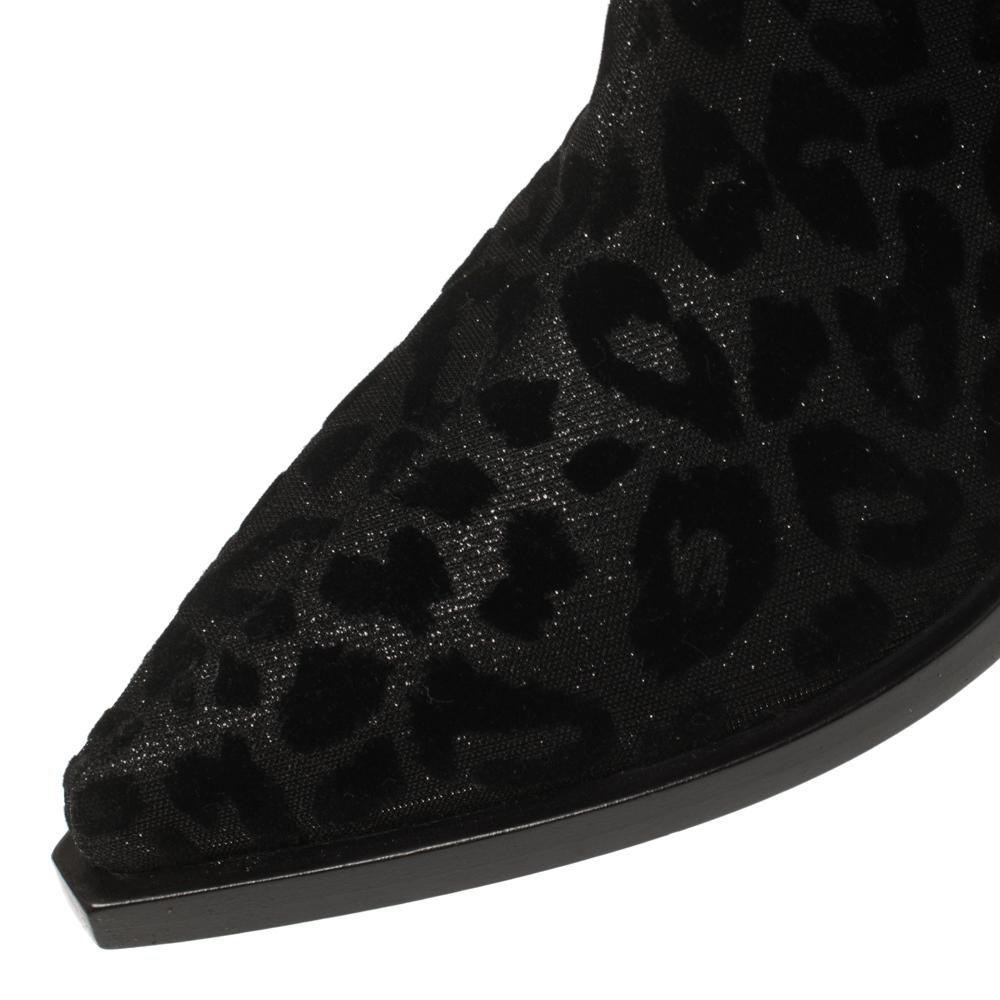 Dolce & Gabbana Black Animal Print Lurex and Velvet Cowboy Boots Size 38.5 1