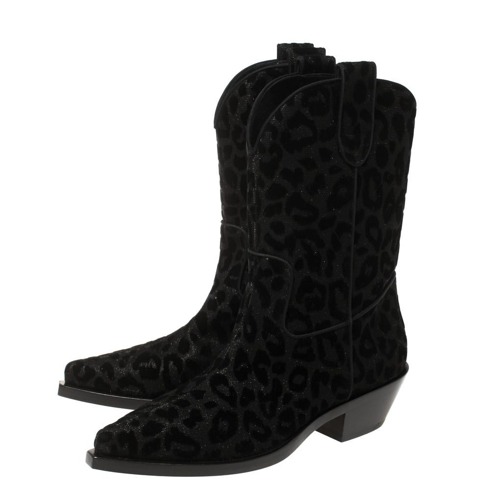 Dolce & Gabbana Black Animal Print Lurex and Velvet Cowboy Boots Size 38.5 3