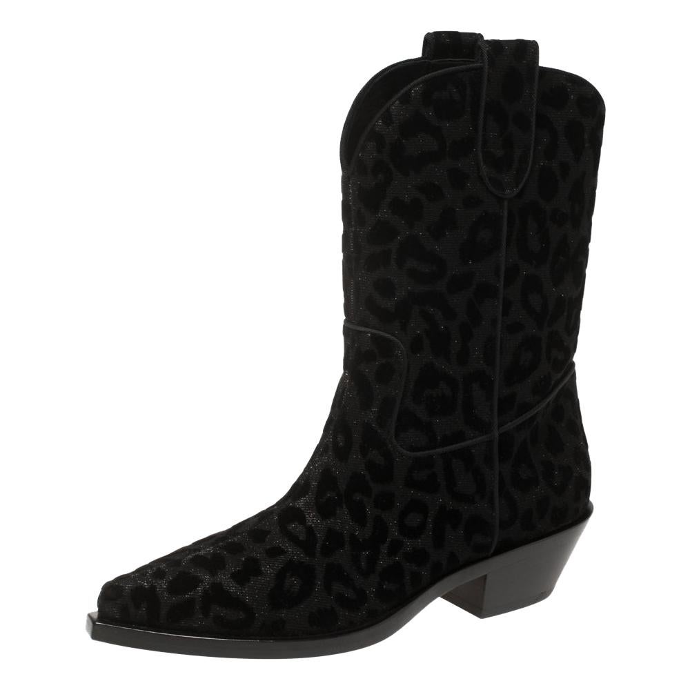 Dolce & Gabbana Black Animal Print Lurex and Velvet Cowboy Boots Size 38.5