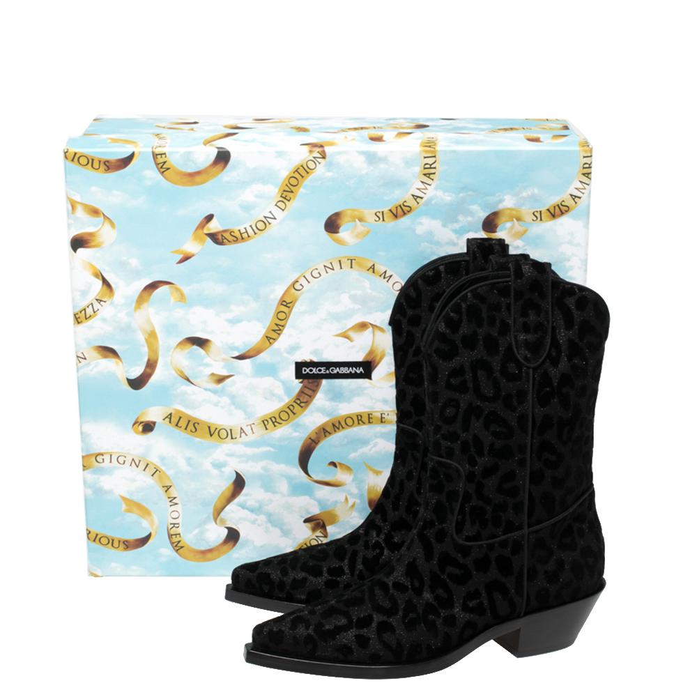 Dolce & Gabbana Black Animal Print Lurex and Velvet Cowboy Boots Size 39 4