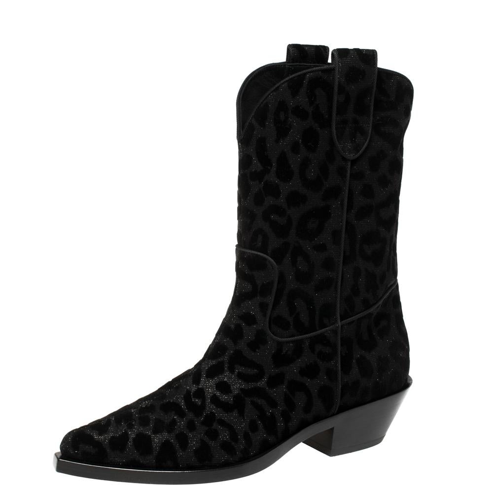 Dolce & Gabbana delights us yet again with these stylish cowboy boots. Crafted from animal-printed lurex and velvet, the boots feature pointed toes and leather-lined insoles. 5 cm heels complete these beauties.

Includes: Branded Box