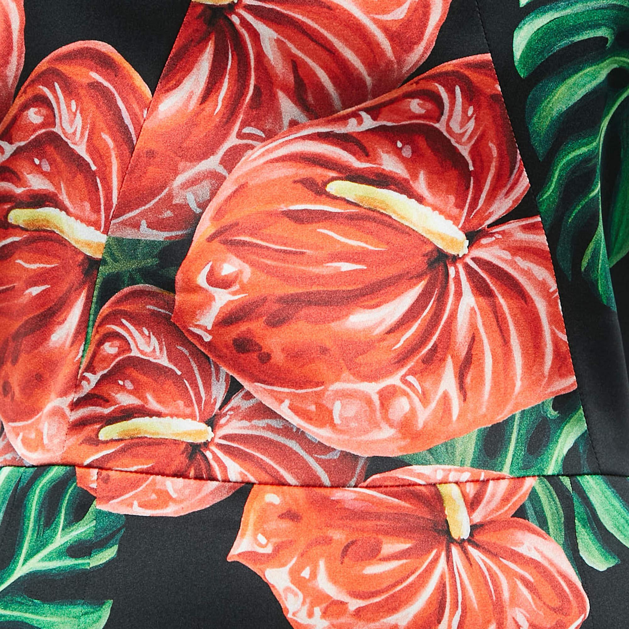 Dolce & Gabbana Black Anthurium Print Satin Silk Midi Dress XL In Excellent Condition For Sale In Dubai, Al Qouz 2