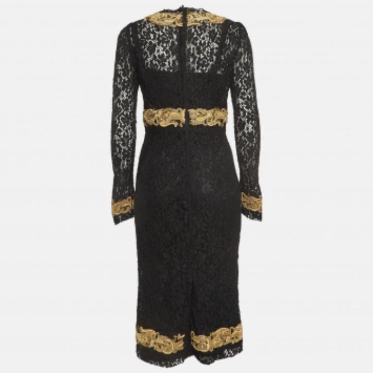 Noir Dolce & Gabbana Black Baroque Goldwork Lace Long Sleeve Midi Dress M en vente