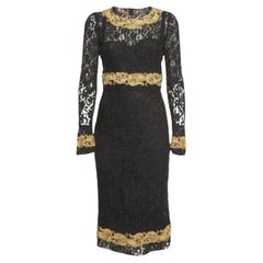 Dolce & Gabbana Black Baroque Goldwork Lace Long Sleeve Midi Dress M