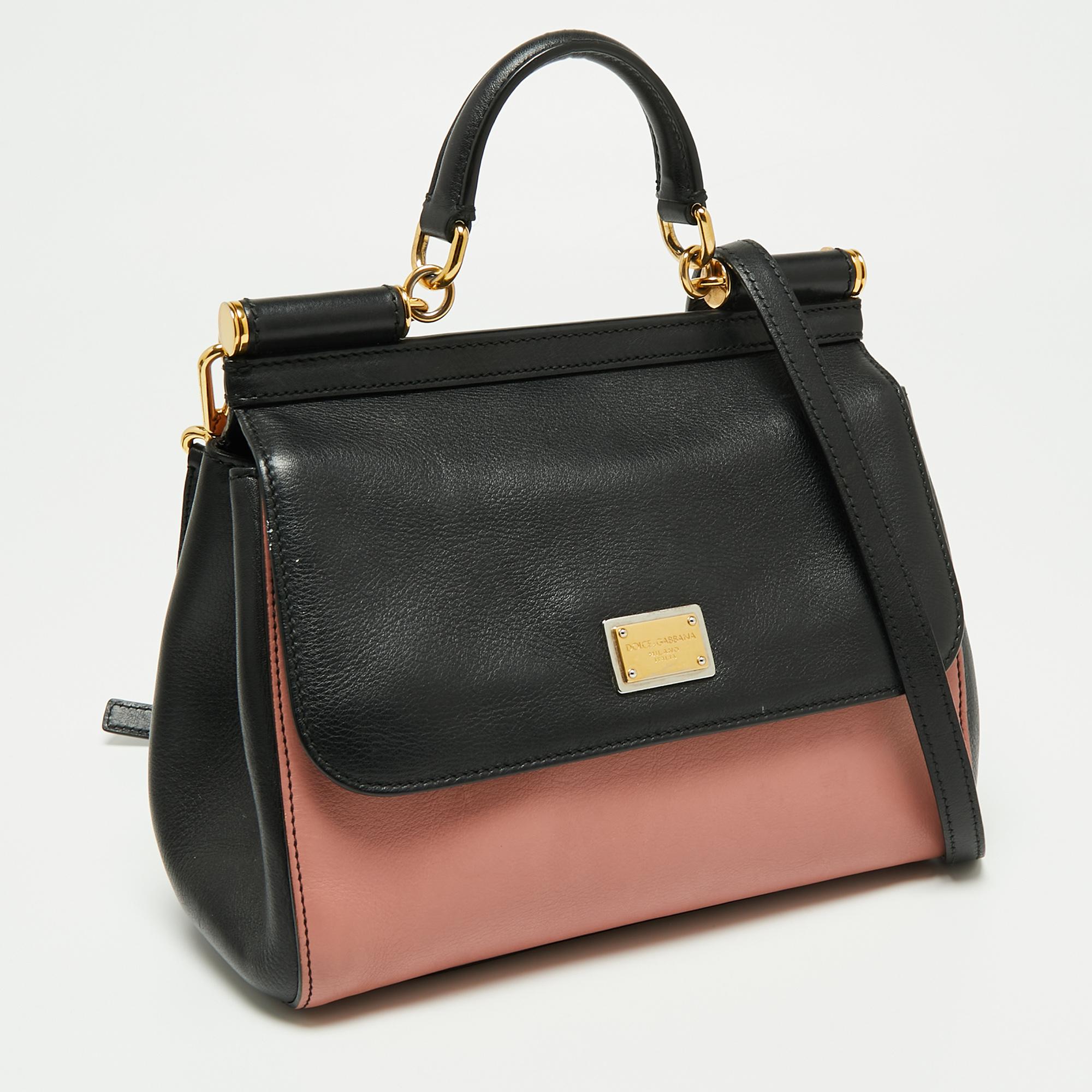 Dolce & Gabbana Black/Beige Leather Medium Miss Sicily Top Handle Bag In Good Condition In Dubai, Al Qouz 2