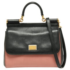 Dolce & Gabbana Black/Beige Leather Medium Miss Sicily Top Handle Bag
