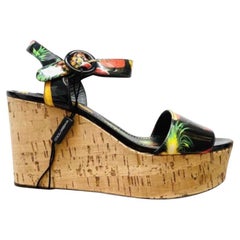 Dolce & Gabbana Black Beige Leather Tropical Fruits Wedge Shoes Sandals Heels