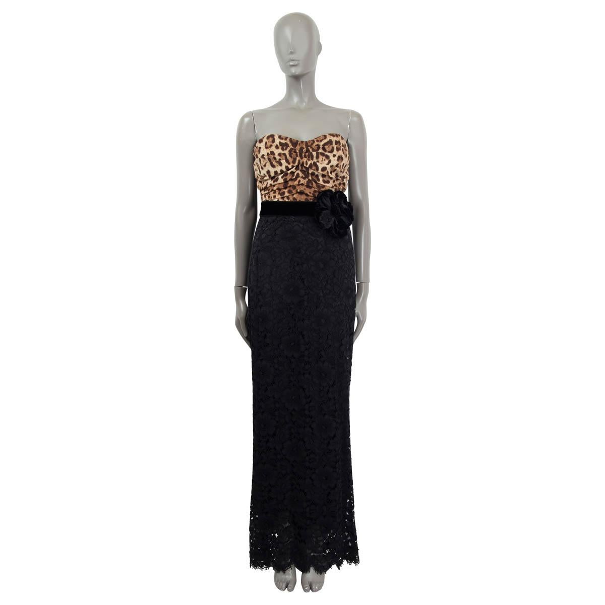 DOLCE & GABBANA black & beige LEOPARD & LACE BOW GOWN MAXI Dress 44 L For Sale