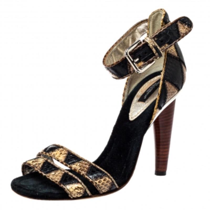 Women's Dolce & Gabbana Black/Beige Python Ankle Strap Sandals Size 39 For Sale