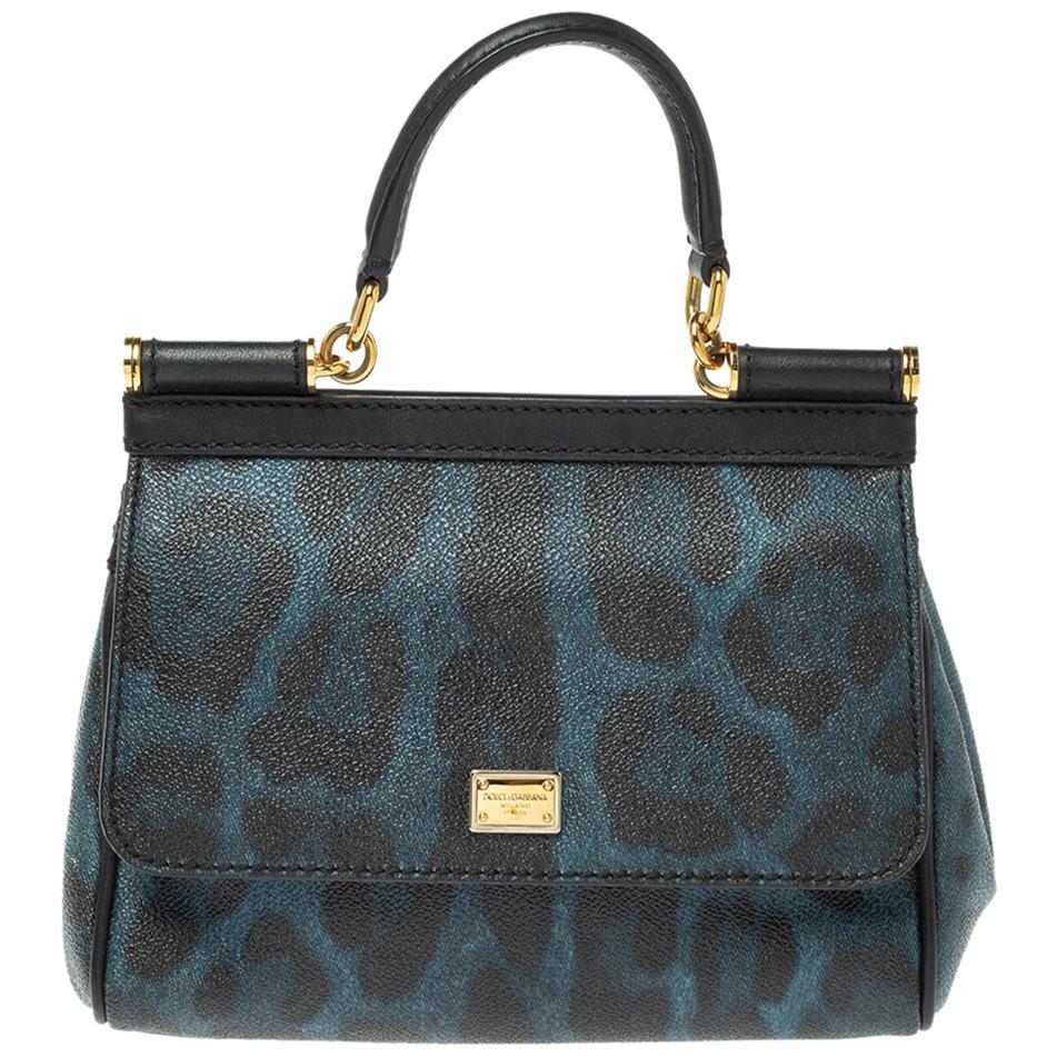 Dolce & Gabbana Black/Blue Leopard Print Coated Canvas and Leather Small Miss Si