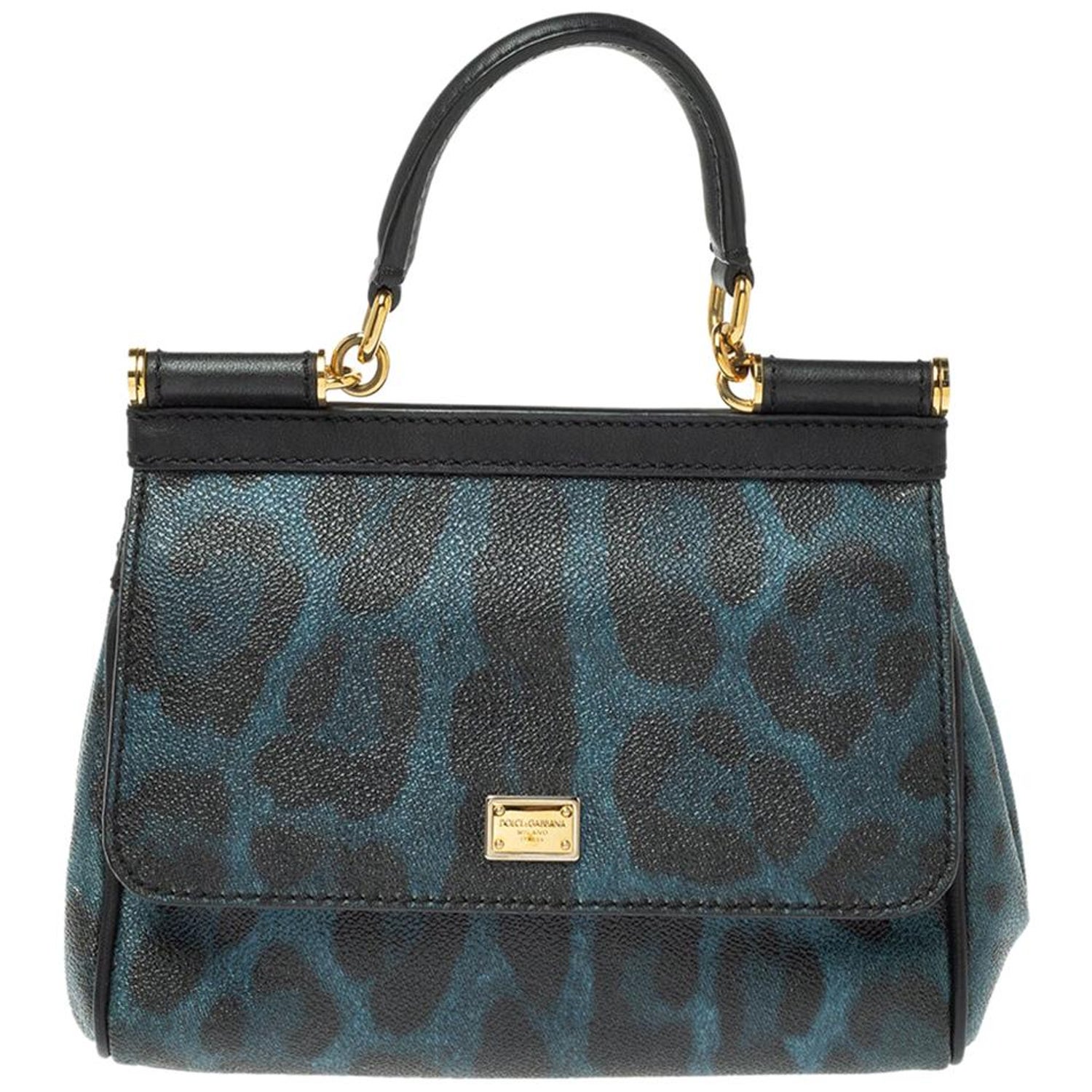 Dolce and Gabbana Black/Blue Leopard Print Coated Canvas and Leather Small  Miss Si For Sale at 1stDibs