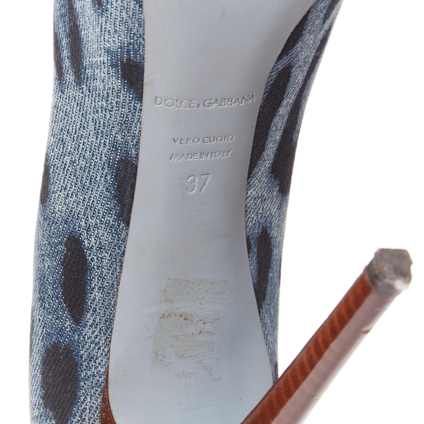 DOLCE GABBANA black blue leopard spot print denim wood heel pump EU37 5