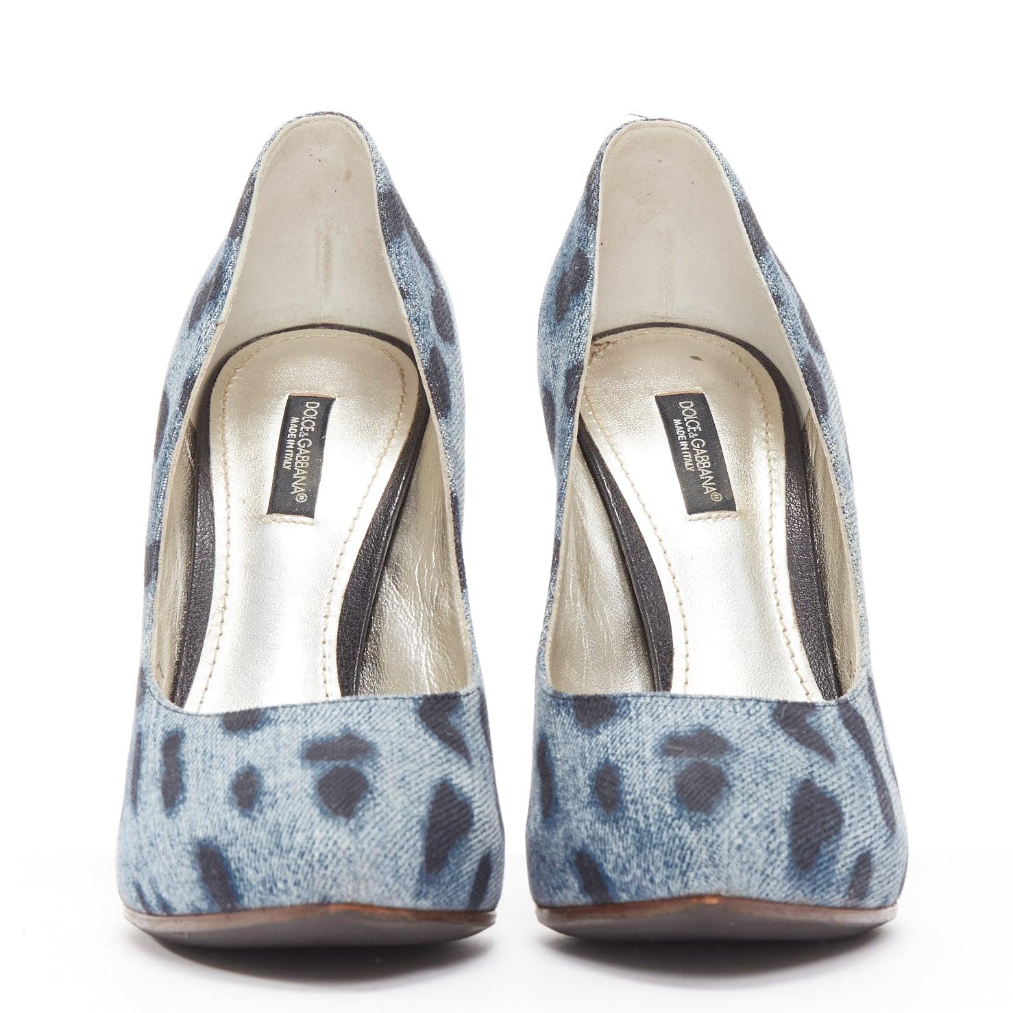 Gray DOLCE GABBANA black blue leopard spot print denim wood heel pump EU37