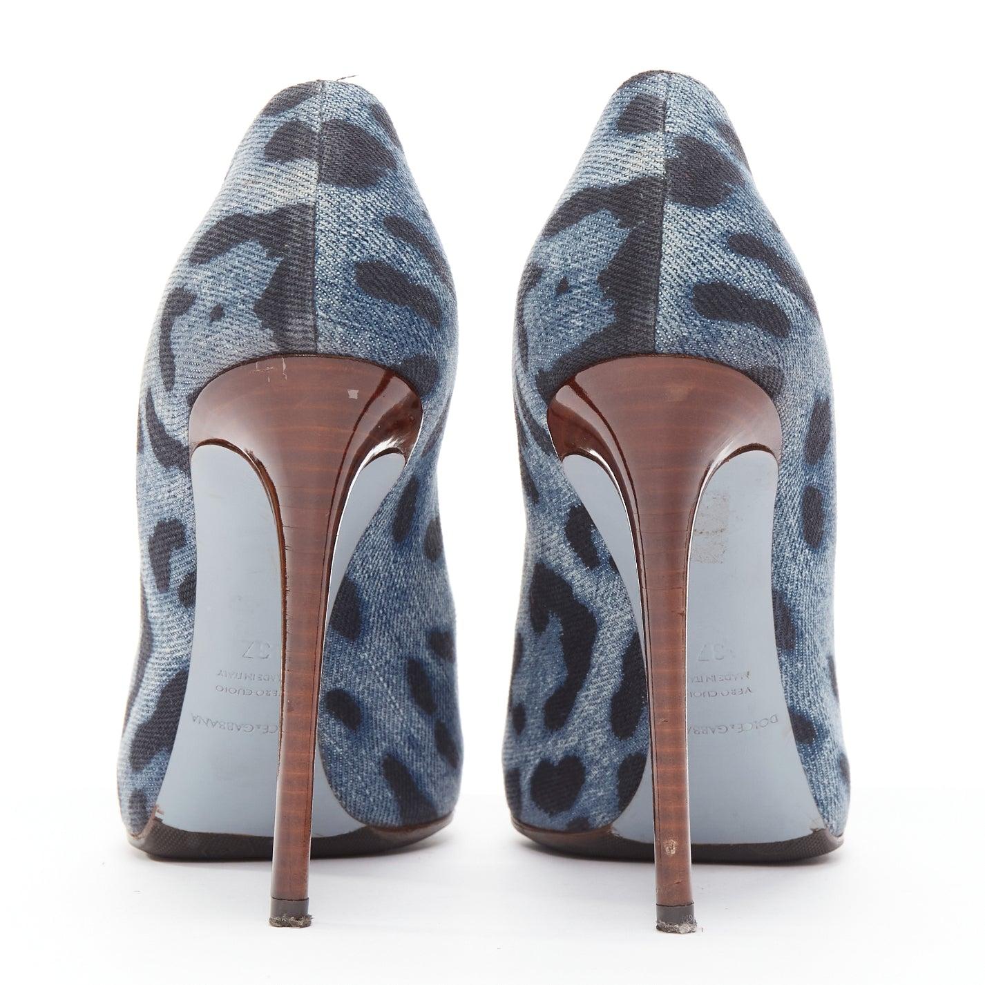 Women's DOLCE GABBANA black blue leopard spot print denim wood heel pump EU37