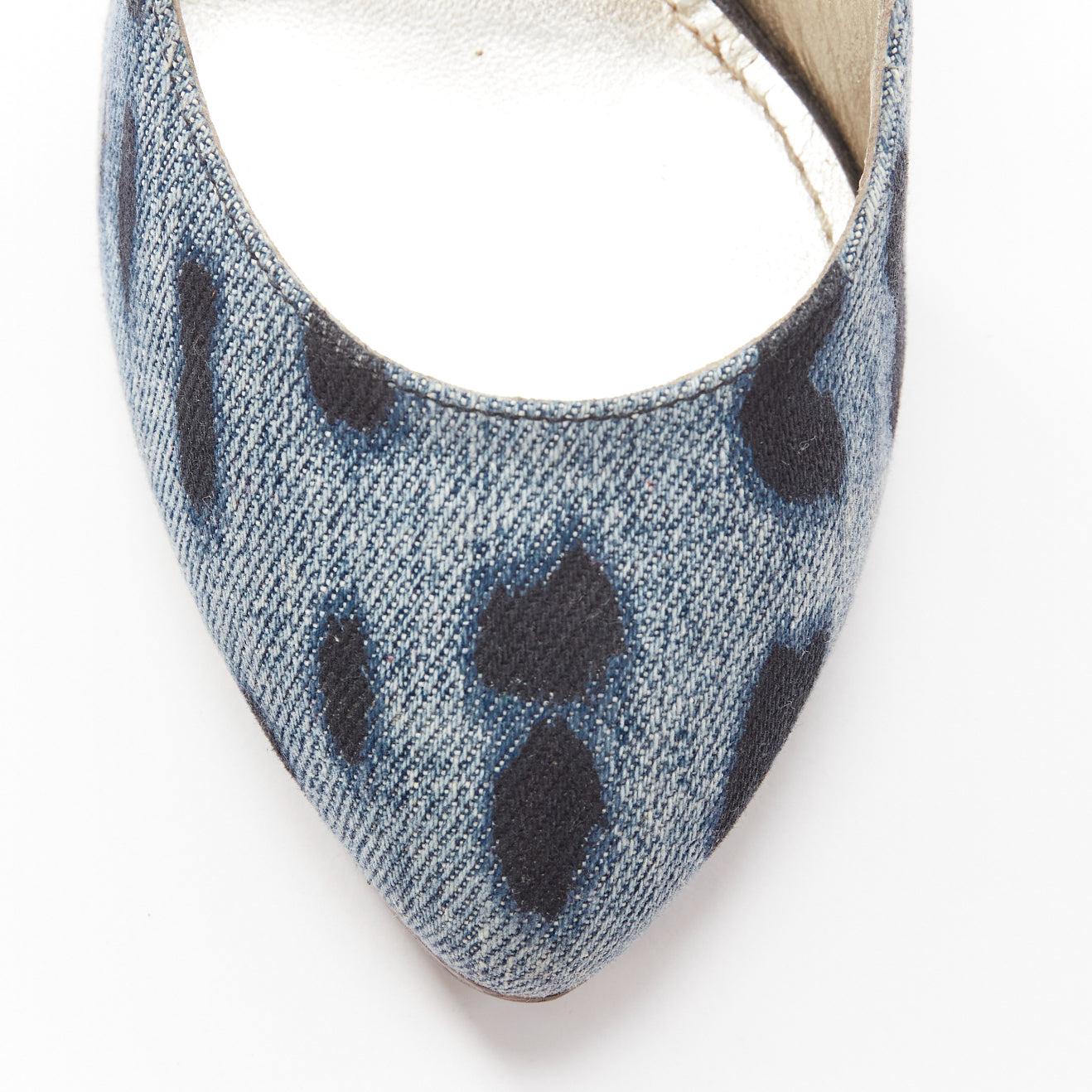 DOLCE GABBANA black blue leopard spot print denim wood heel pump EU37 1