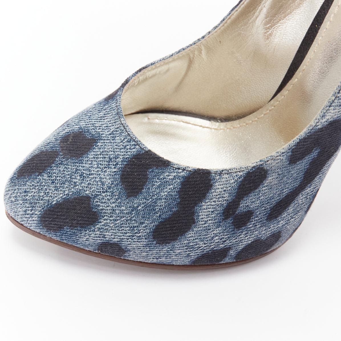 DOLCE GABBANA black blue leopard spot print denim wood heel pump EU37 2