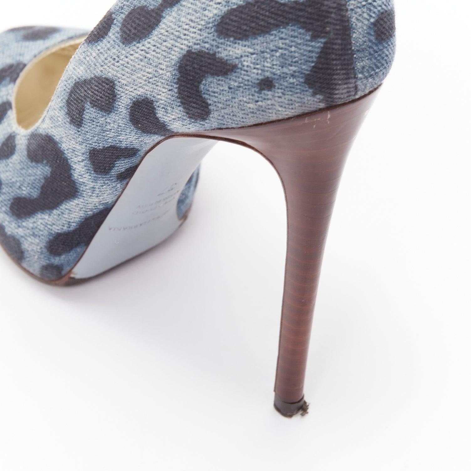 DOLCE GABBANA black blue leopard spot print denim wood heel pump EU37 3