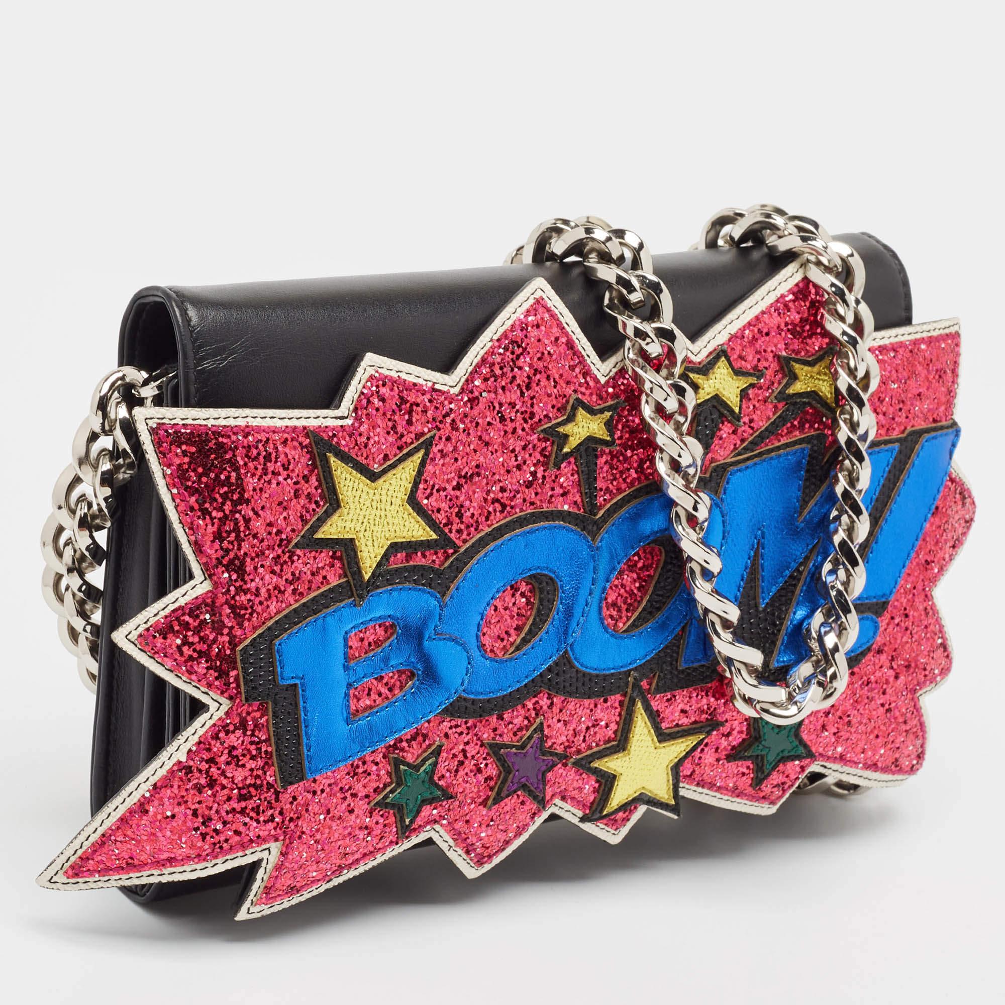 Pink Dolce & Gabbana Black Boom Patch Chain Shoulder Bag For Sale