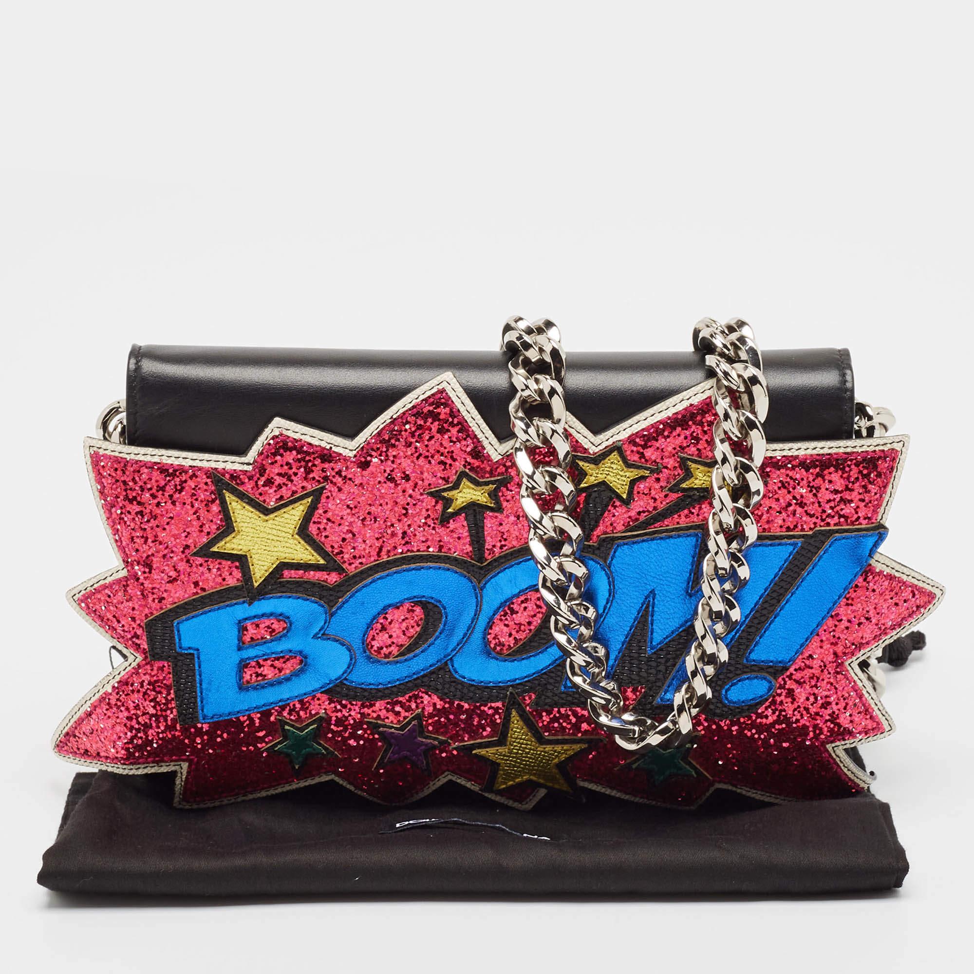 Dolce & Gabbana Black Boom Patch Chain Shoulder Bag For Sale 2