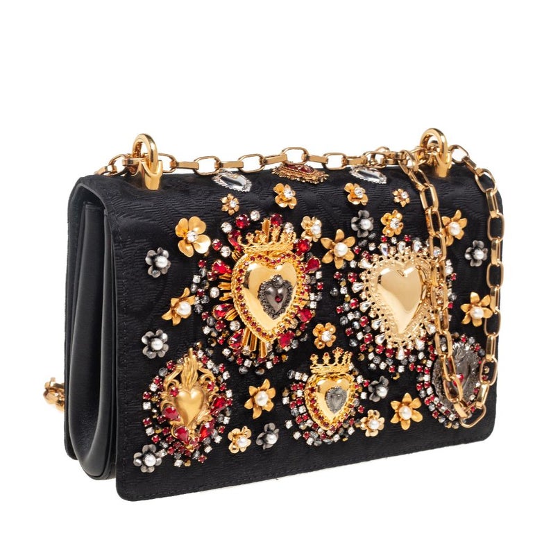 Dolce and Gabbana Black Brocade Fabric and Leather Heart Embellished ...