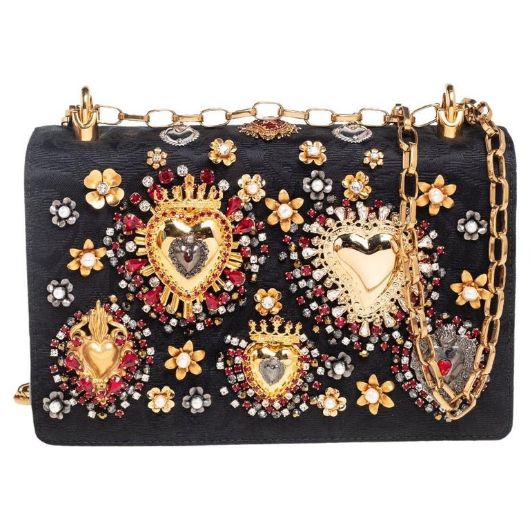 Dolce and Gabbana Black Brocade Fabric and Leather Heart Embellished ...