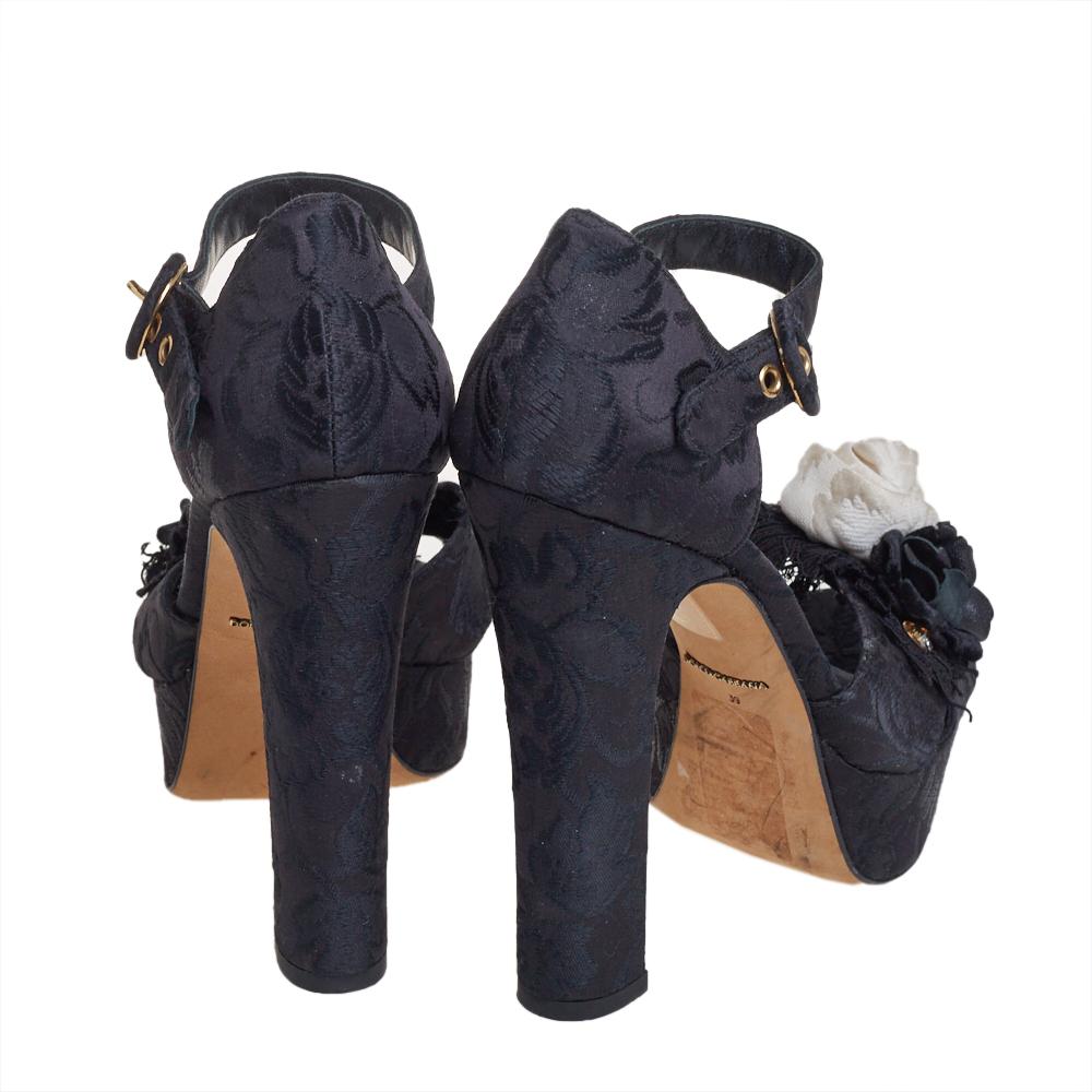 Dolce & Gabbana Black Brocade Floral Ankle Strap Sandals Size 39 2