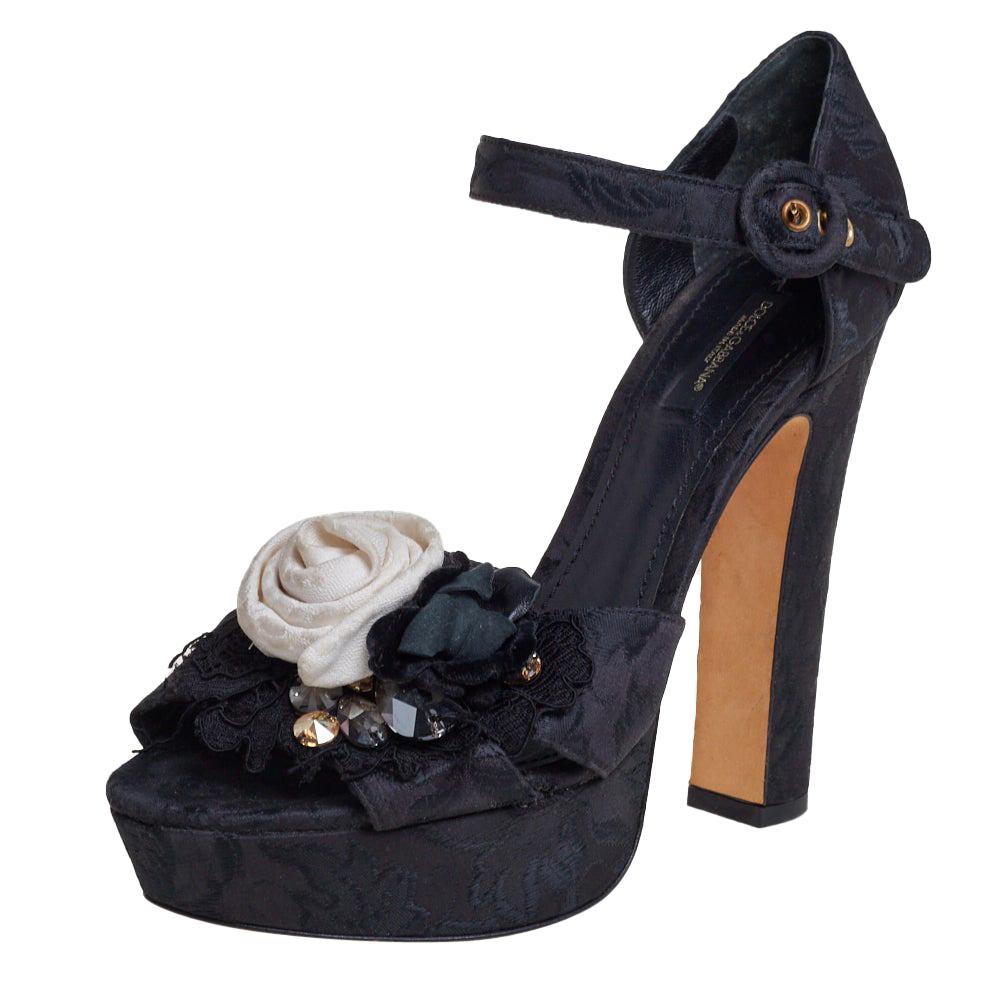 Dolce & Gabbana Black Brocade Floral Ankle Strap Sandals Size 39