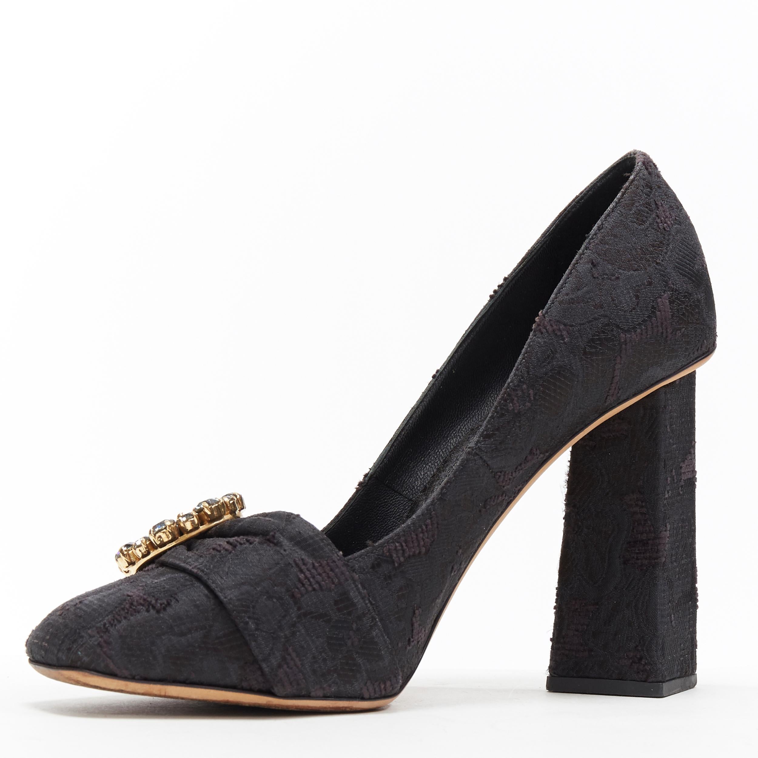 Black DOLCE GABBANA black brocade strass crystal brooch angular heel pump EU39