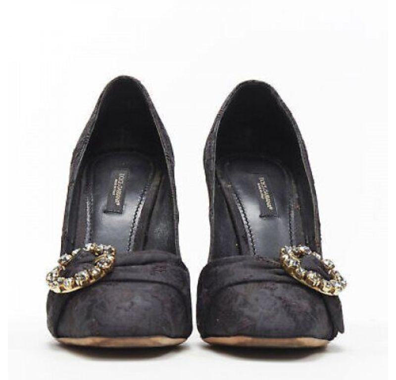 DOLCE GABBANA black brocade strass crystal brooch angular heel pump EU39 In Excellent Condition For Sale In Hong Kong, NT