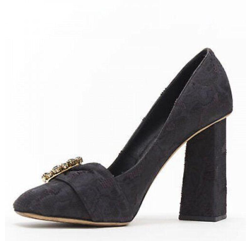 Women's DOLCE GABBANA black brocade strass crystal brooch angular heel pump EU39 For Sale