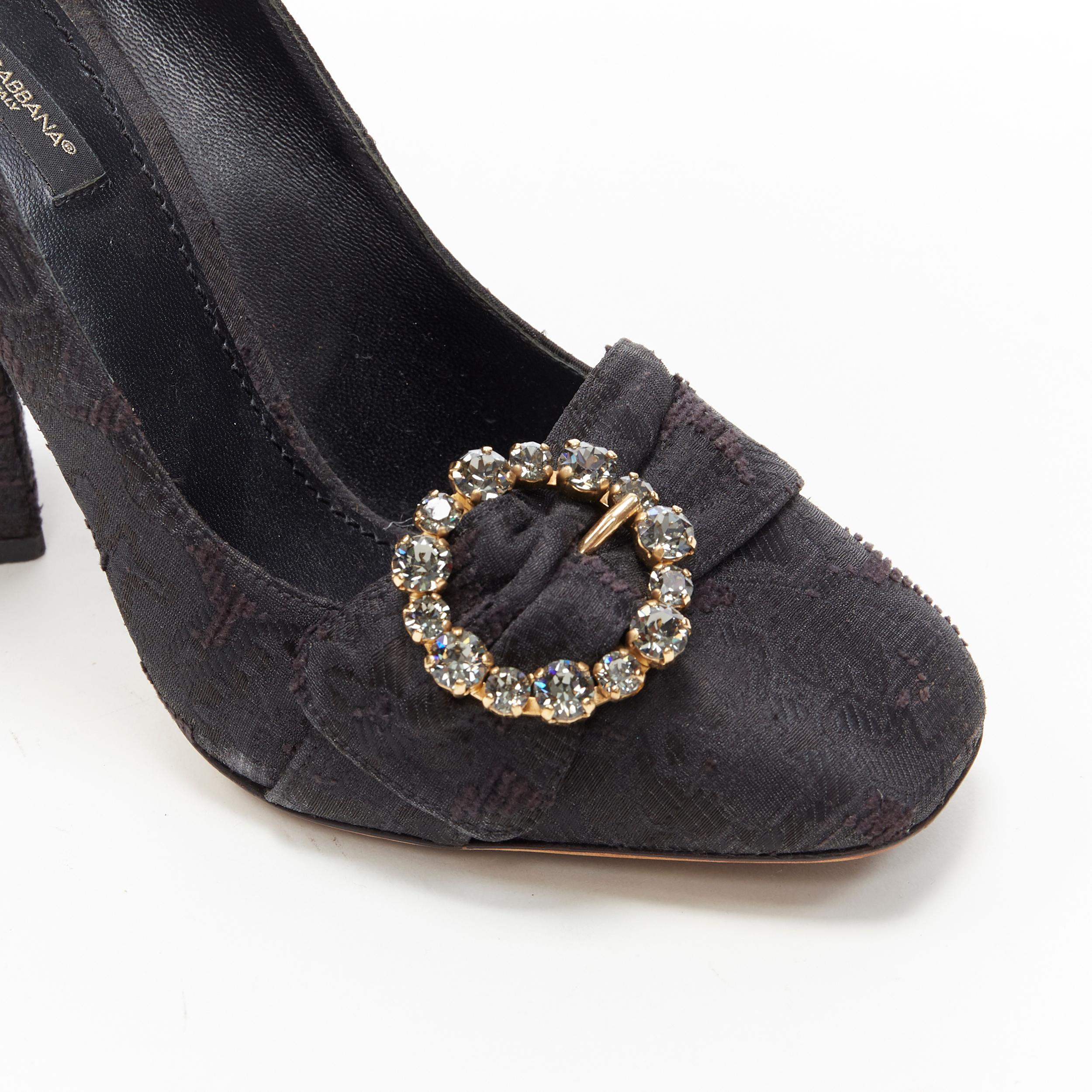 DOLCE GABBANA black brocade strass crystal brooch angular heel pump EU39 2