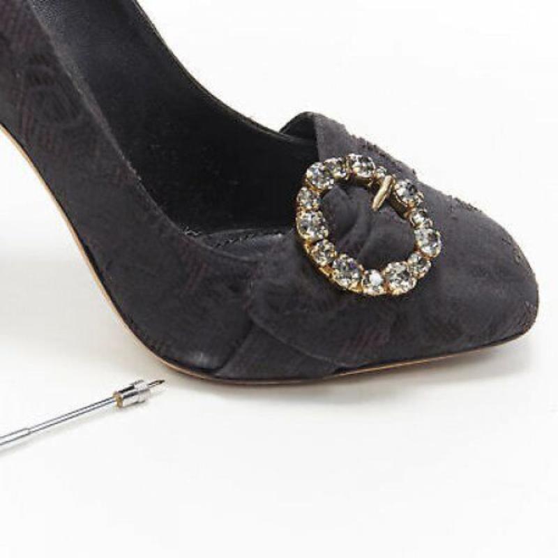DOLCE GABBANA black brocade strass crystal brooch angular heel pump EU39 US9 For Sale 4