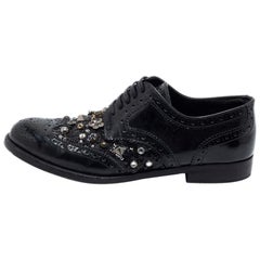Dolce 
Gabbana Black Brogue Leather Studded Embellished Lace Oxfords Size 36.5