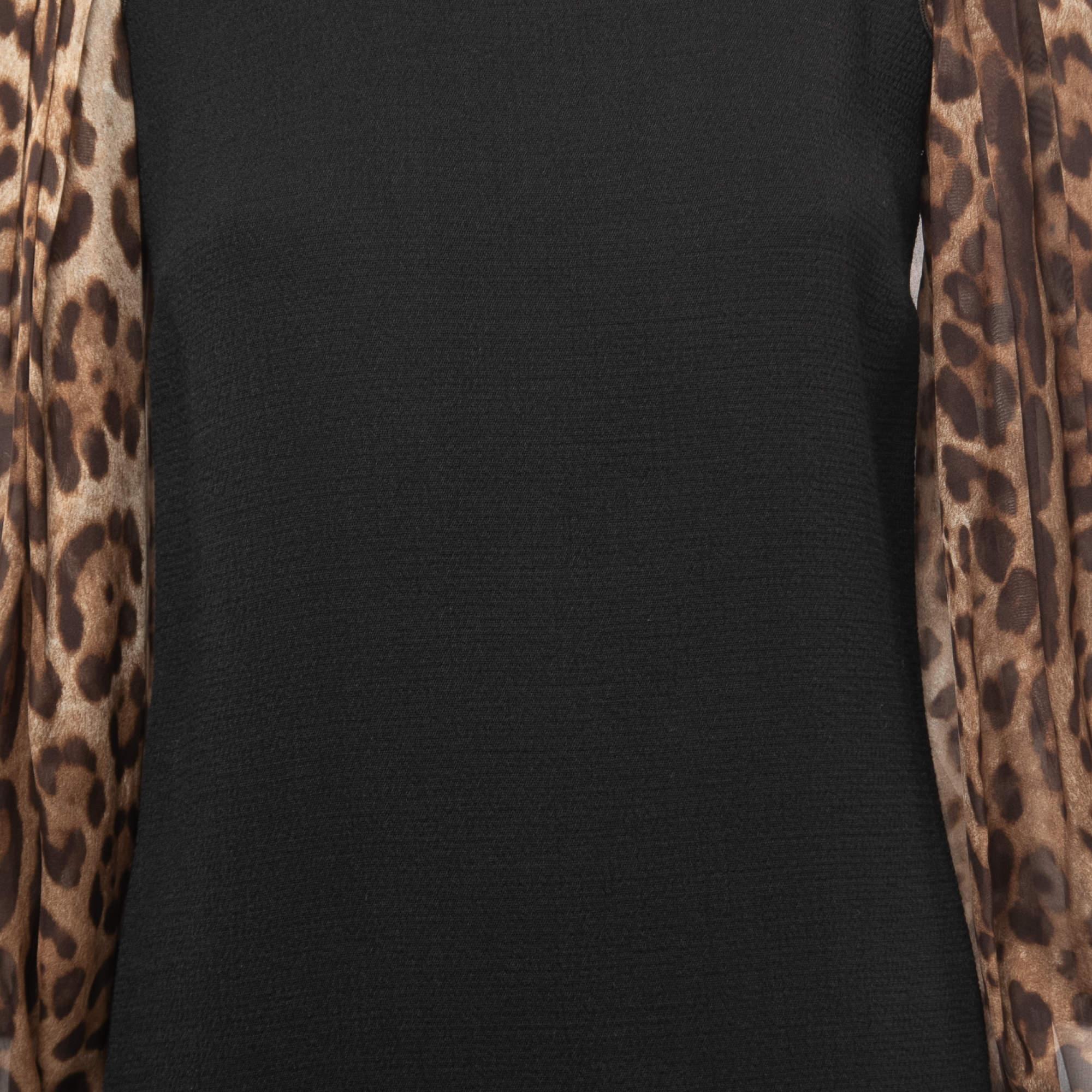Women's Dolce & Gabbana Black/Brown Animal Print Chiffon Sleeves Mini Dress XS